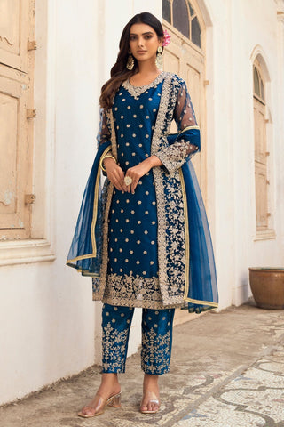 Blue Pakistani Net Salwar Kameez For Festivals & Weddings - Embroidery Work