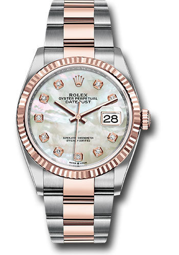 Rolex Steel and Everose Rolesor Datejust 36 Watch - Fluted Bezel - White Mother-Of-Pearl Diamond Dial - Oyster Bracelet - 126231 mdo
