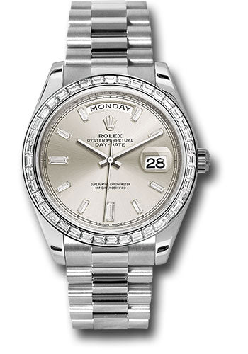 Rolex 950 Platinum Day-Date 40 Watch - Smooth Bezel - Ice Blue Diagonal  Motif Index Dial - President Bracelet - 228206 ibdmip