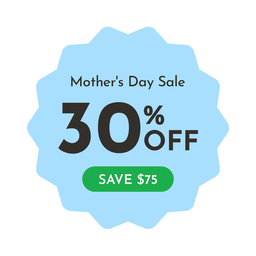 An advertisement graphic for a Mother's Day Sale with 30% off, highlighting a savings of $75.