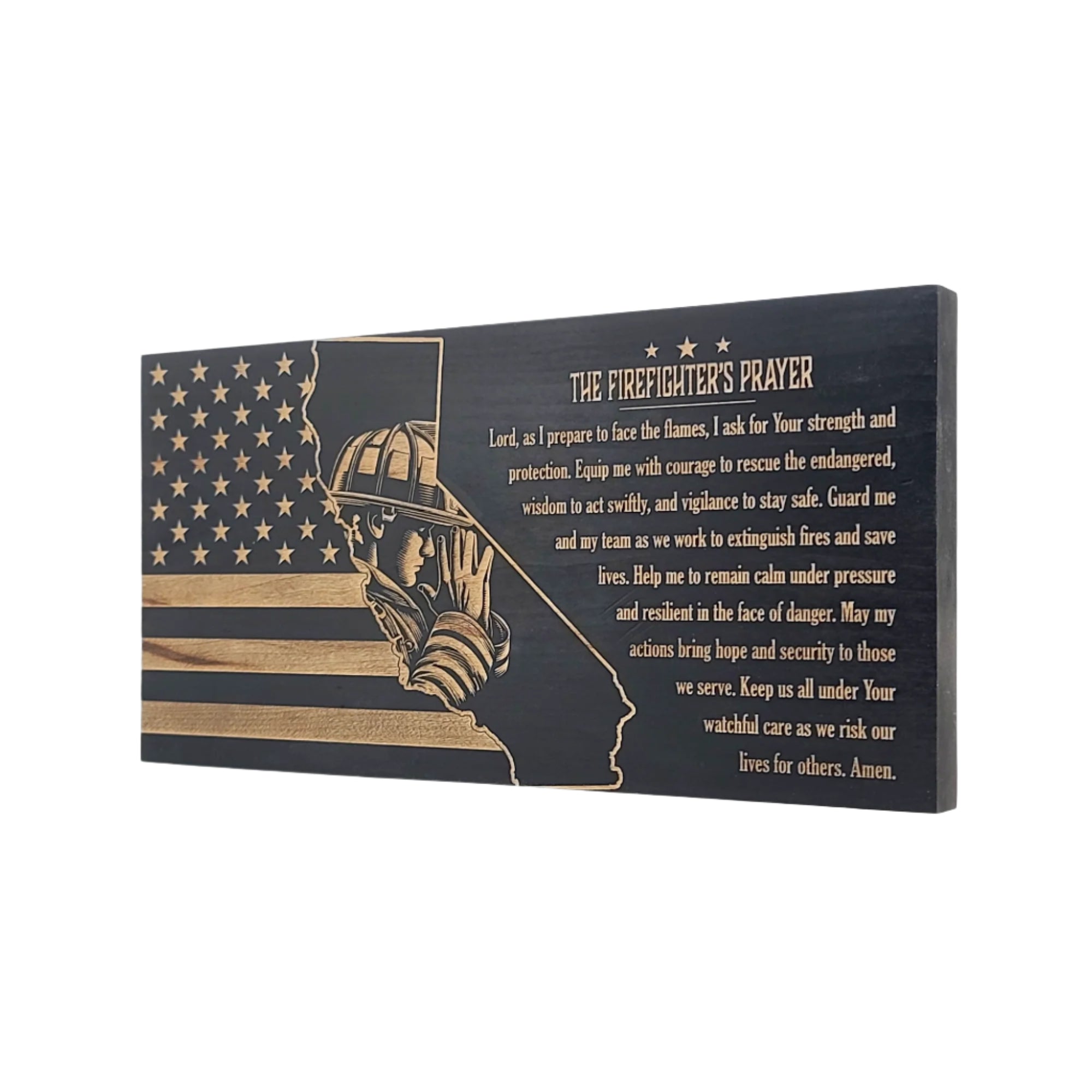 The Firefighter's Prayer (California) Engraved Wooden American Flag - LEF005