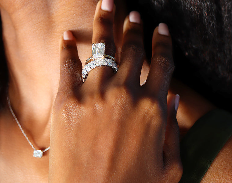 Lab diamond engagement ring, eternity band, and necklace from Jean Dousset