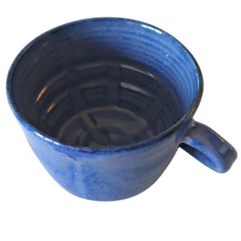 large handmade blue stoneware lathering bowl with handle