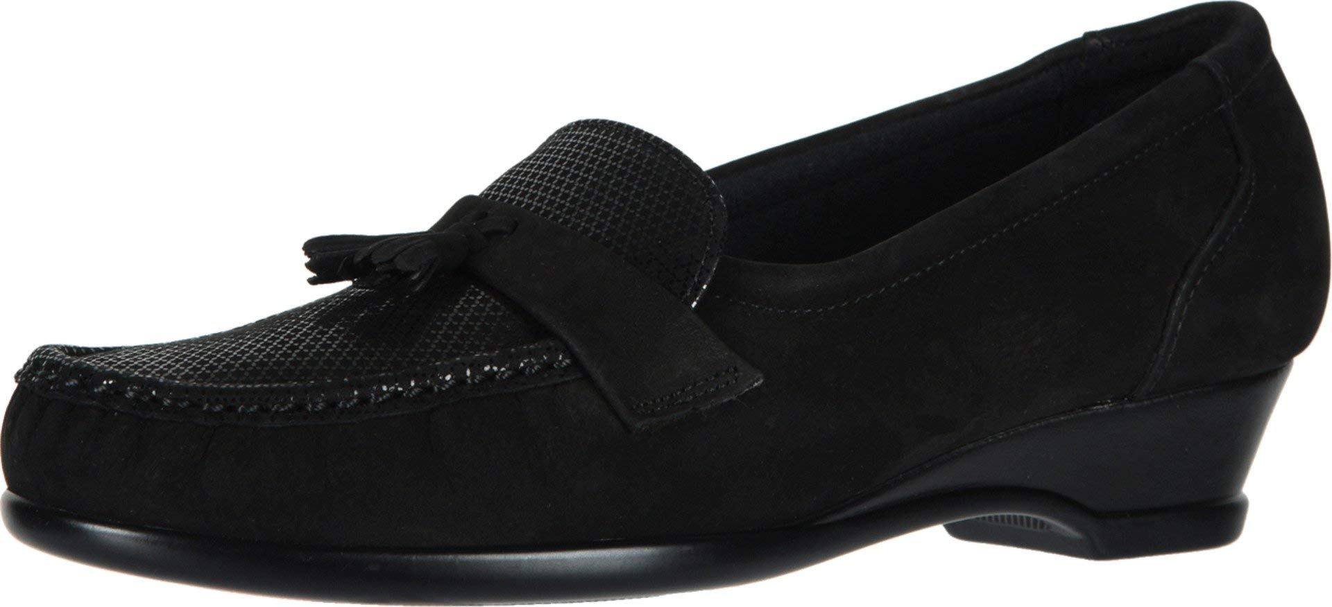 SAS Women's Taylor Comfort Wedge Slip-On Shoes with Tassels - Leather Upper 10 X-Wide Onyx