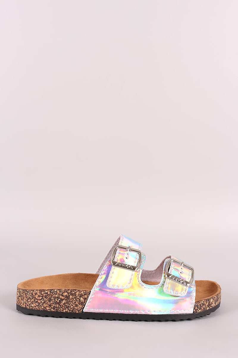 iridescent buckle sandals