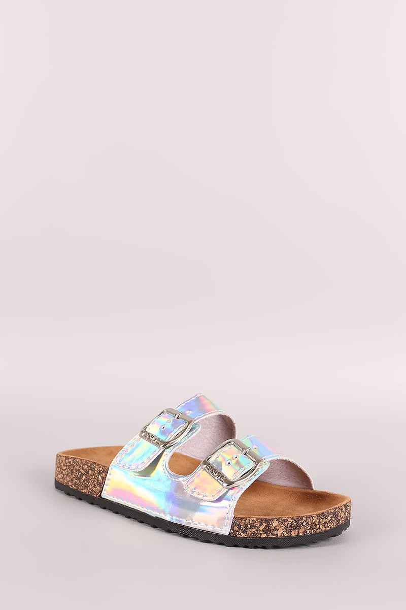 iridescent buckle sandals