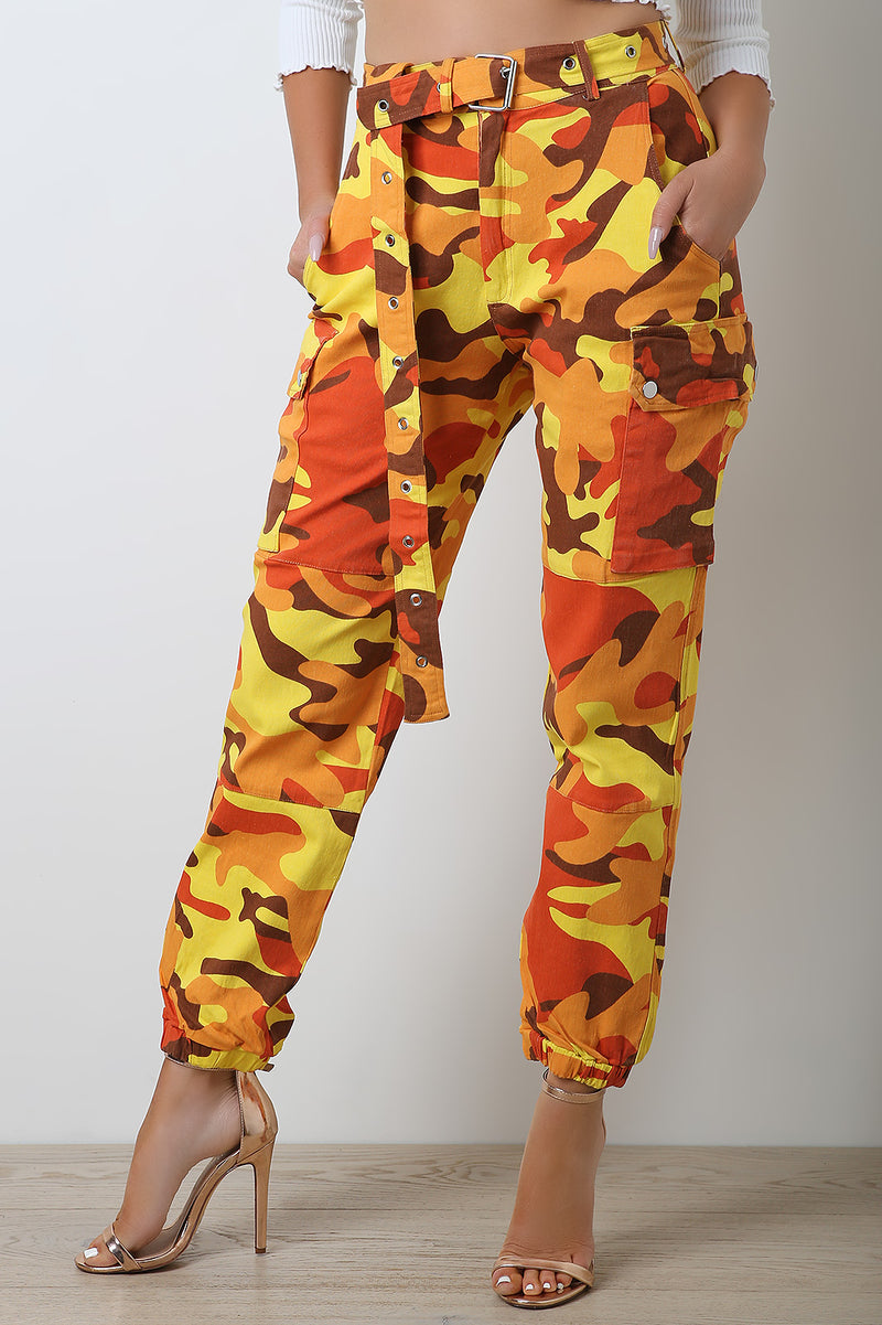 camo pocket belted jogger pants