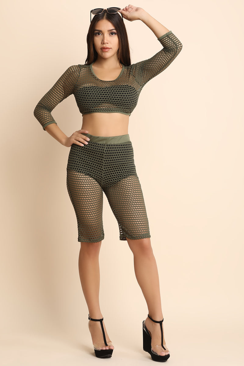 fishnet crop top and shorts