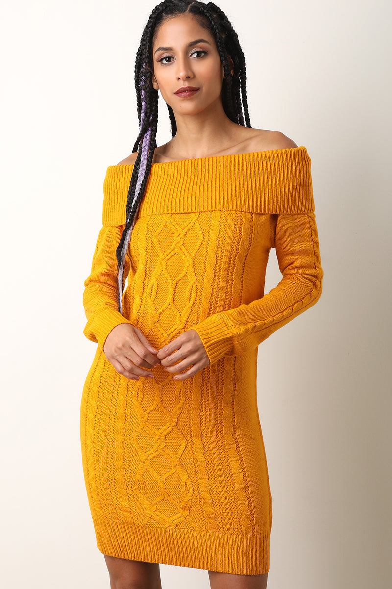 off the shoulder cable knit sweater dress