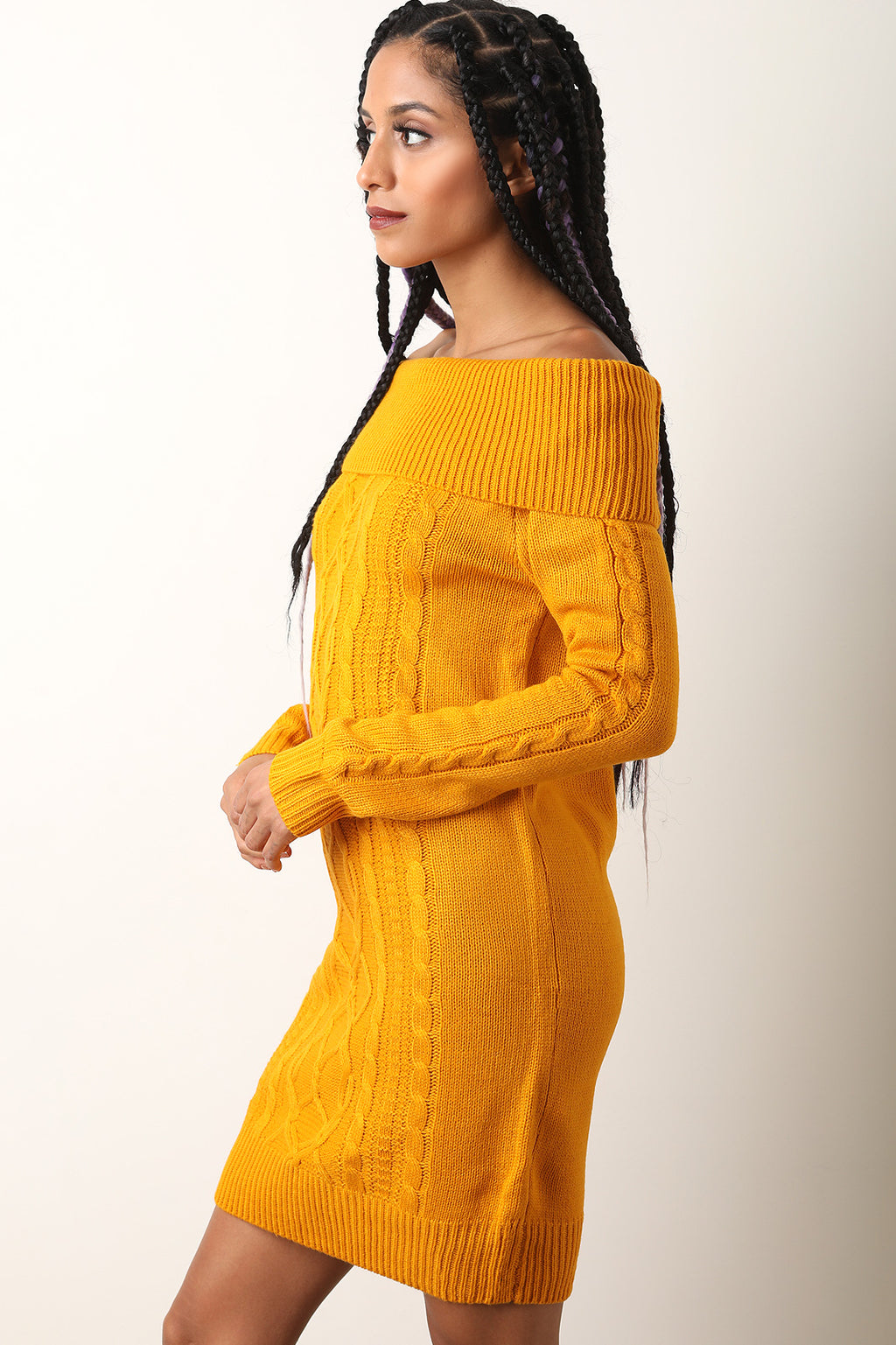 off the shoulder cable knit sweater dress