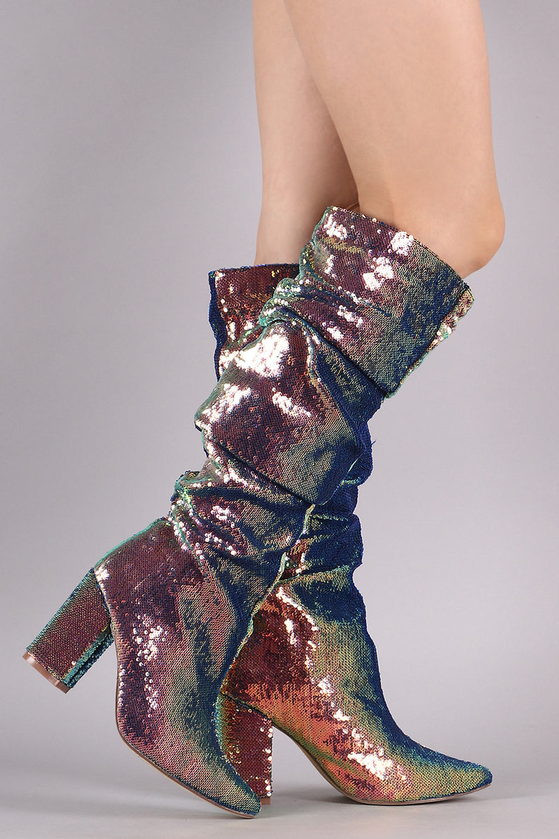 sequin thigh high boots chunky heel