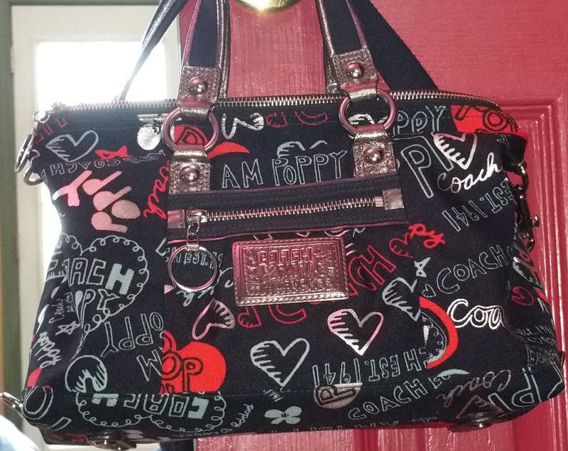 Authentic-Coach-Bag-Signature-Graffiti-Poppy-Satchel-Purse-Black-Red-H – 0