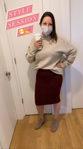 style session - maroon skirt and beige sweater