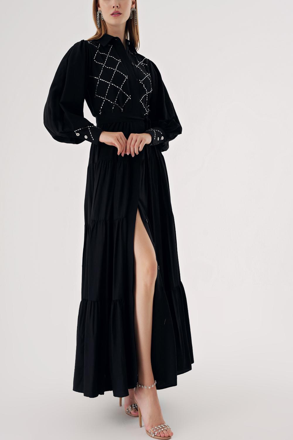 Black Balloon sleeve ruffled crystal stone embellished shirt dress 94546 - Societa Shop Global product image