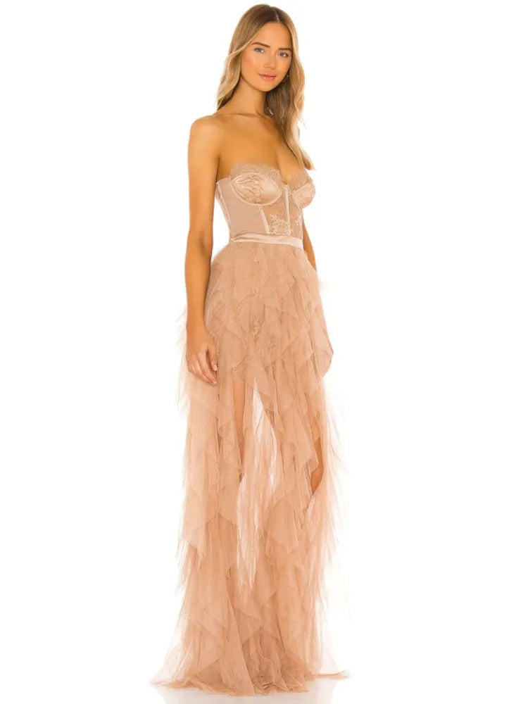 Strapless Lace Maxi Dress for Women Elegant Party Wear