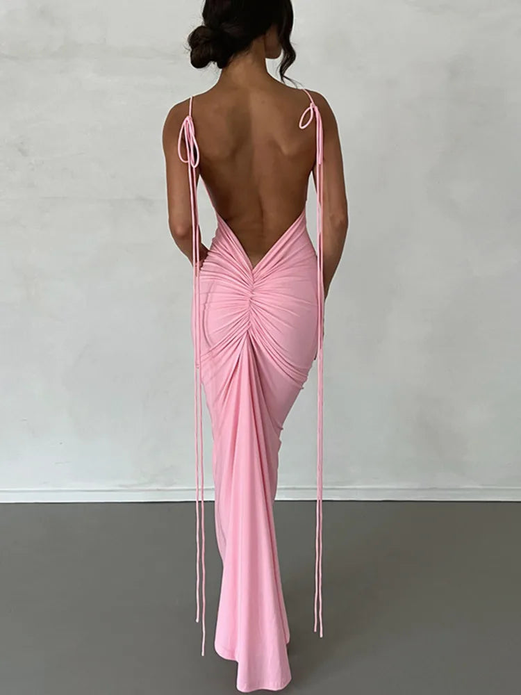 Women's Sexy Backless Ruched Maxi Dress for Parties