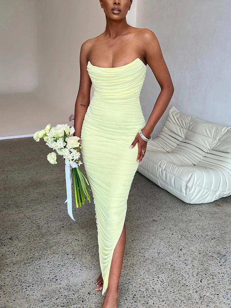 Stunning Mesh Strapless Bodycon Maxi Dress with High Split