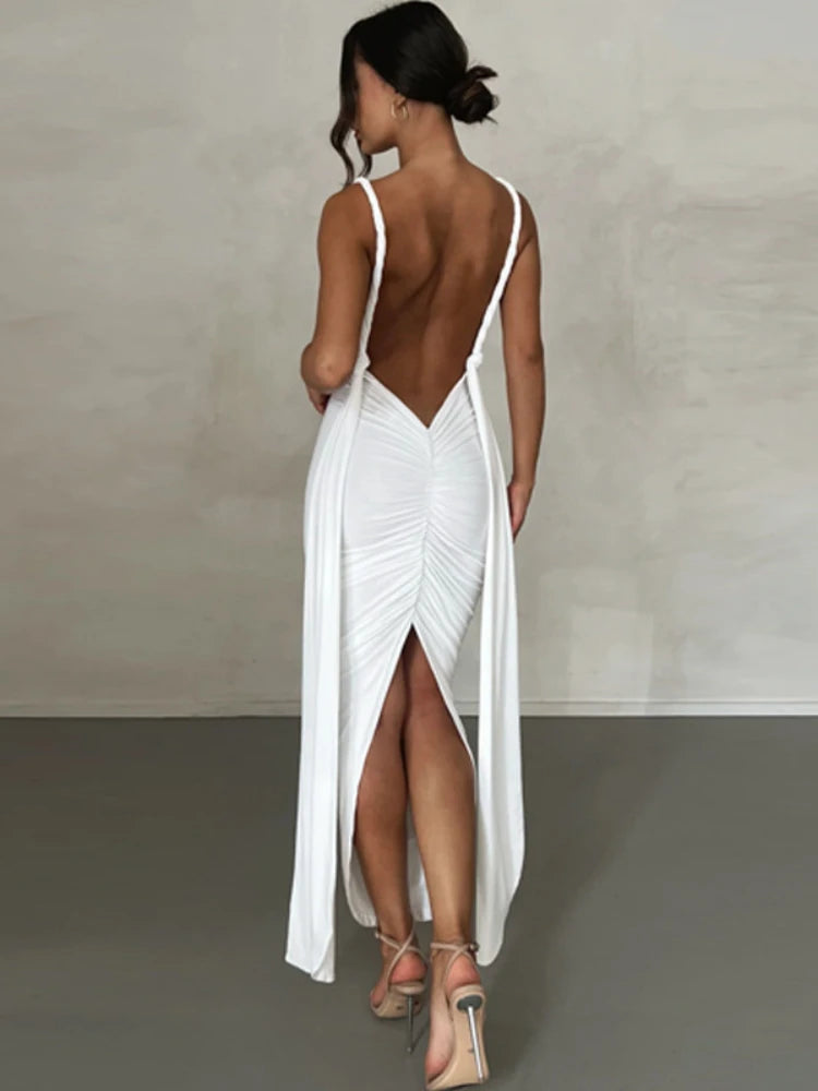 Backless Maxi Dress for Women, Deep V Split Party Dress