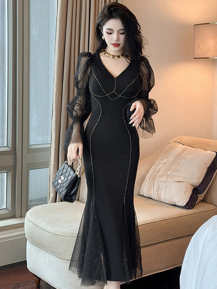 Elegant Black Mesh Splice Long Sleeve Maxi Evening Dress