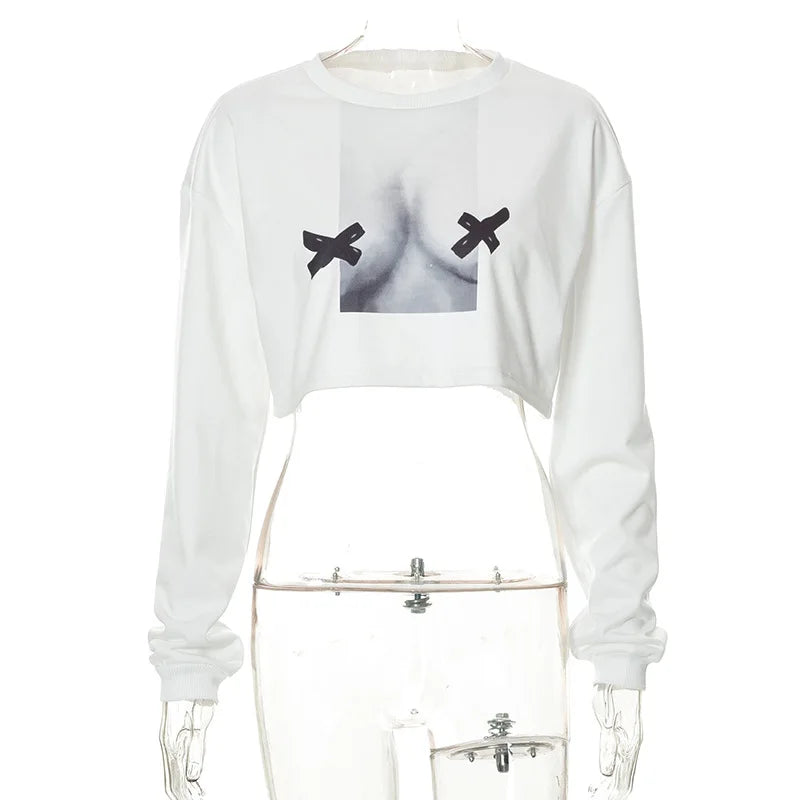 Abstract Print Long Sleeve Sweatshirts: Y2K Streetwear Crop Tops