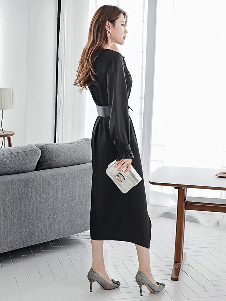 Elegant Women's Notched Neck Midi Dress Set with Belt