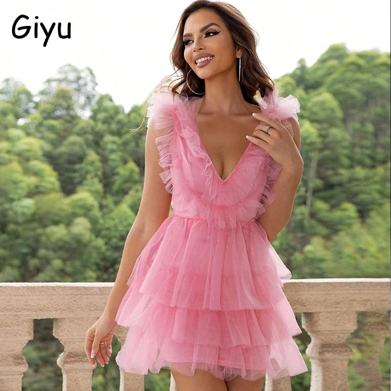 Women's Mesh Ruffled Backless Mini Dress for Evening Parties