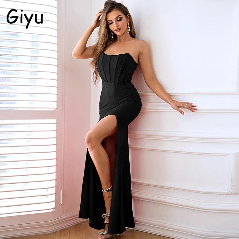 Sleek Strapless High Split Maxi Dress for Elegant Evening Club