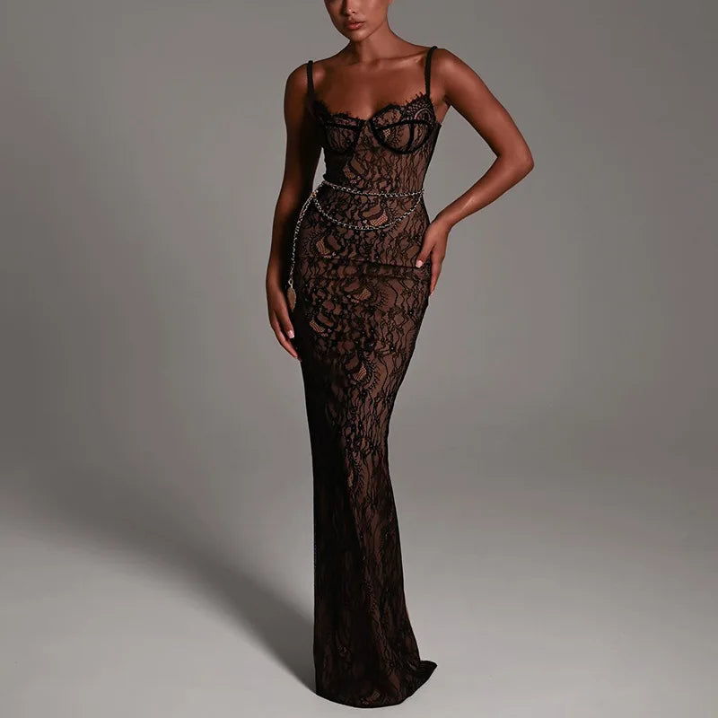 Elegant Lace Crochet Evening Party Dress with Spaghetti Straps