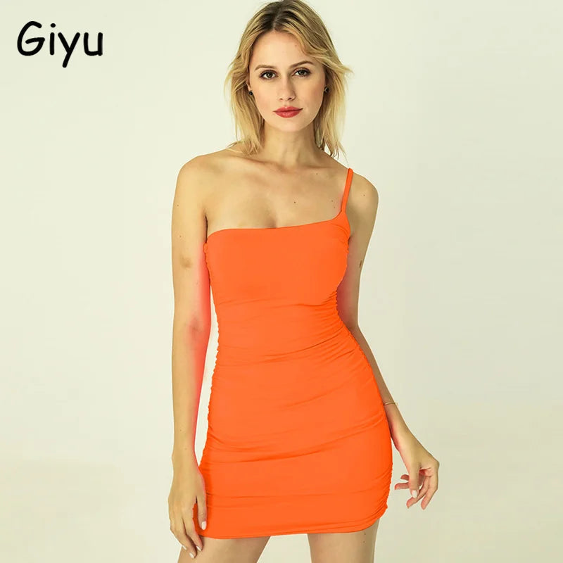 Fluorescent Pink Bodycon Dress Women Spaghetti Strap Party Mini