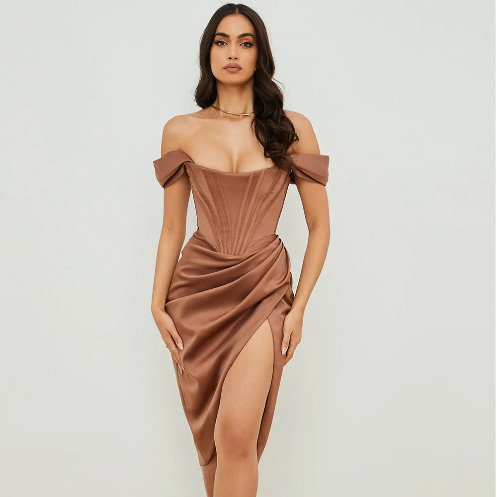 Stunning Satin Evening Dress with Shoulder CutOuts and Ruched Detail