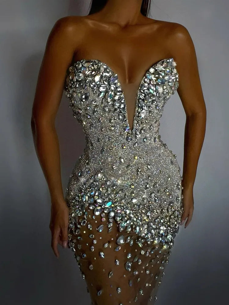 Elegant Strapless Backless Beaded Silver Mini Party Dress