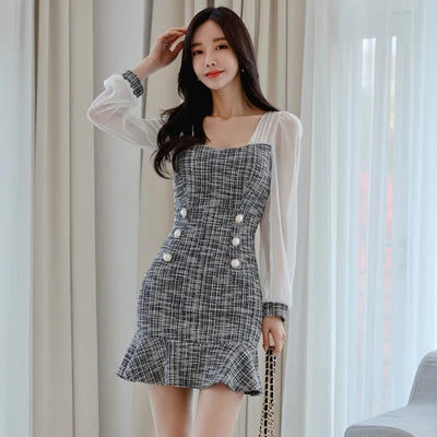 Chic Korean Office Dress: Square Collar Chiffon Tweed Mini