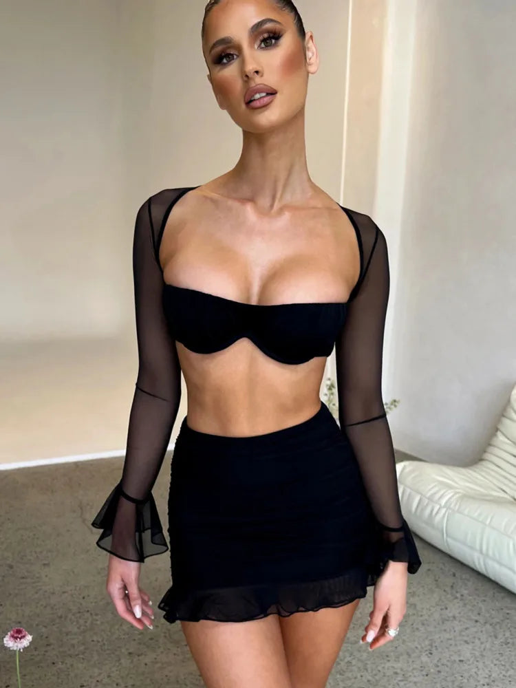 Strapless Mesh Sexy Dress & Mini Skirt Set for Women