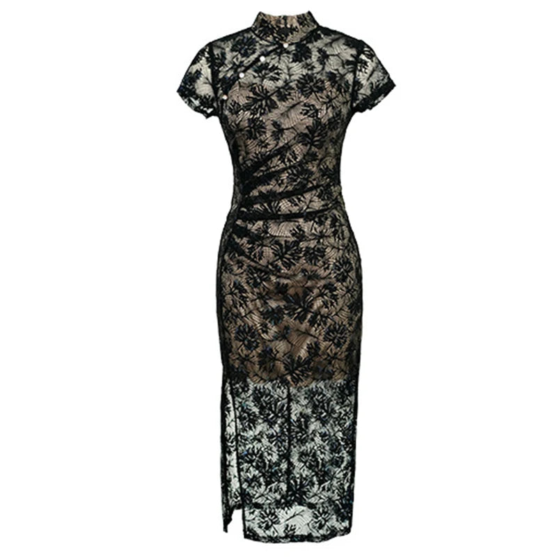 Chinese Lace Stand Neck Midi Dress: Elegant Evening Party Apparel