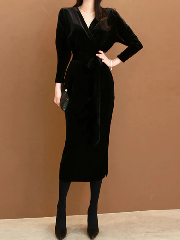 Black Velvet VNeck Wrap Dress for Women  Elegant Retro Style