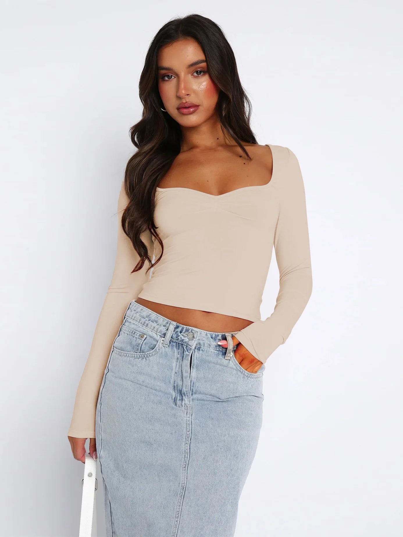 Square Neck Long Sleeve Top  Solid Color Knitwear