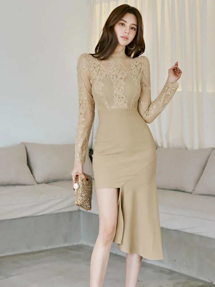 Spring Chic Sheer Evening Dress Slim Midi Prom Dress