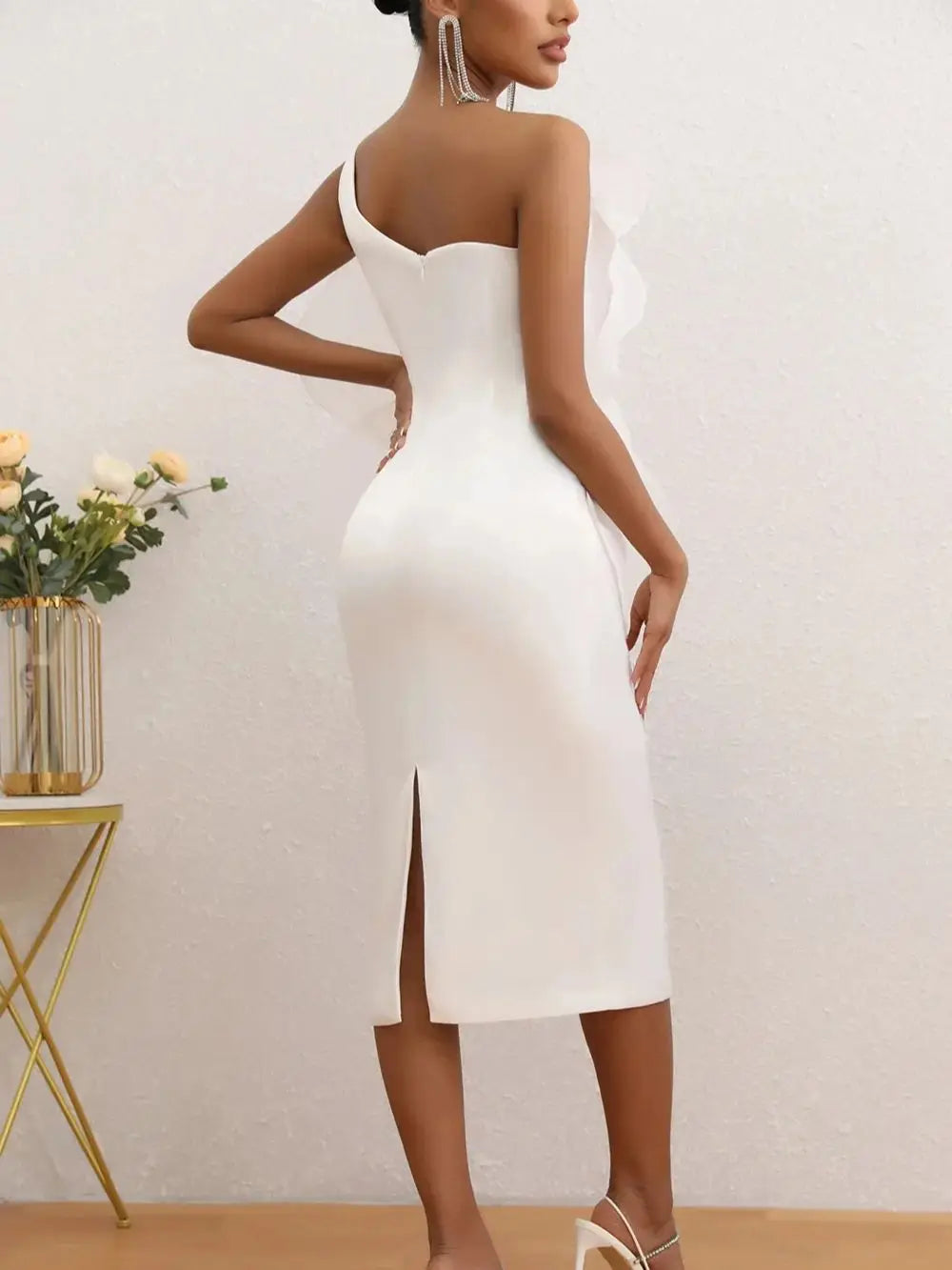 Stylish One Shoulder White Flower Bodycon Dress for Women