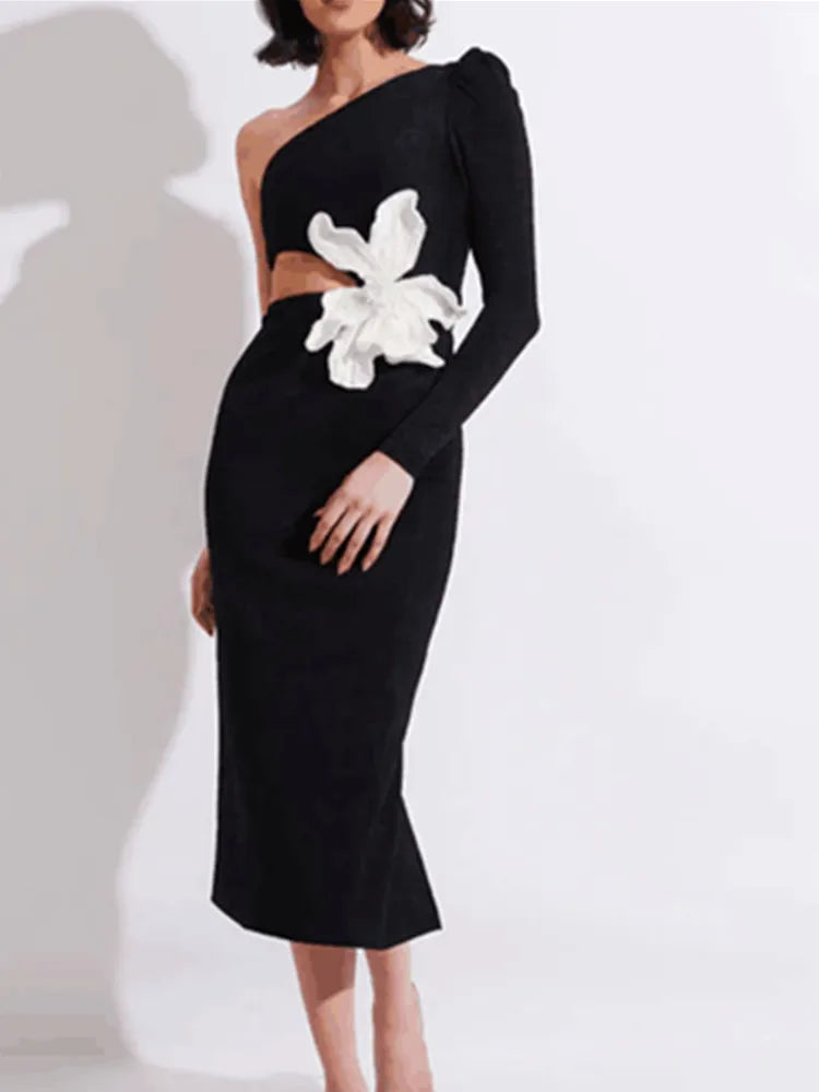 Black One Shoulder Bodycon Dress with Floral Beading