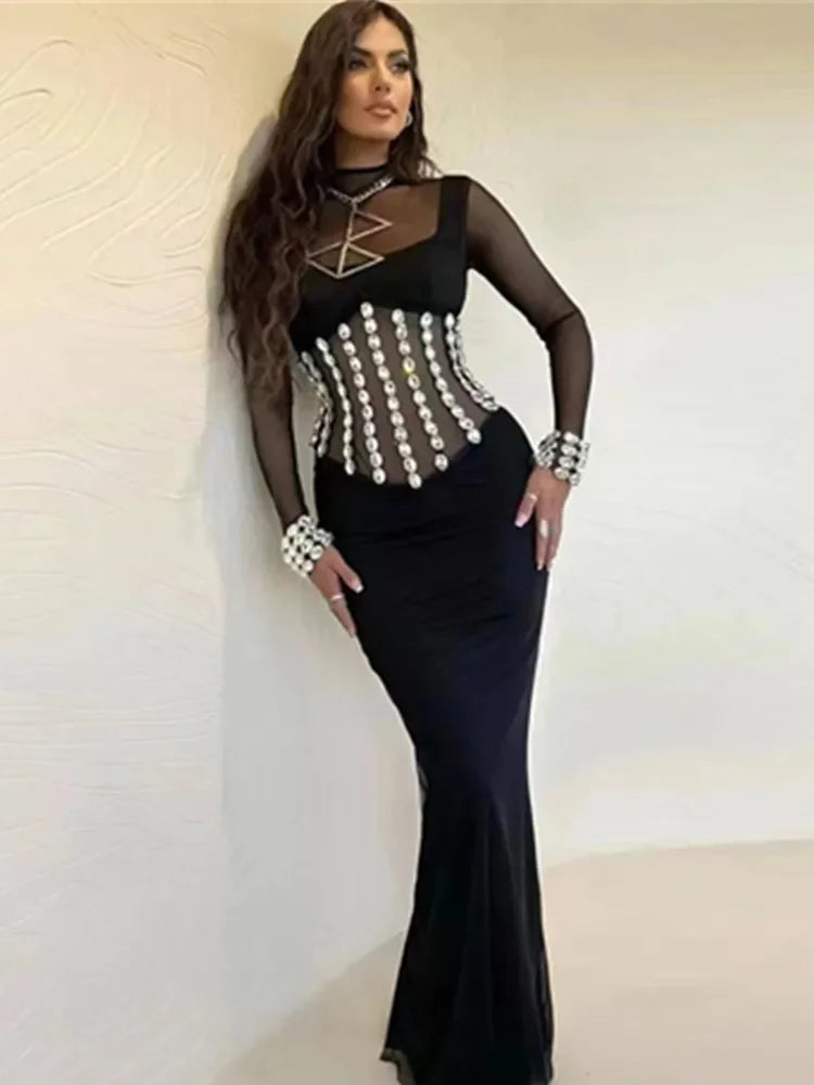 Sexy Long Sleeve Mesh Crystal Black Maxi Bandage Dress