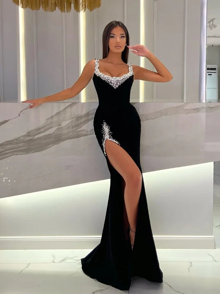 Elegant Black Crystal Split Long Maxi Evening Party Dress