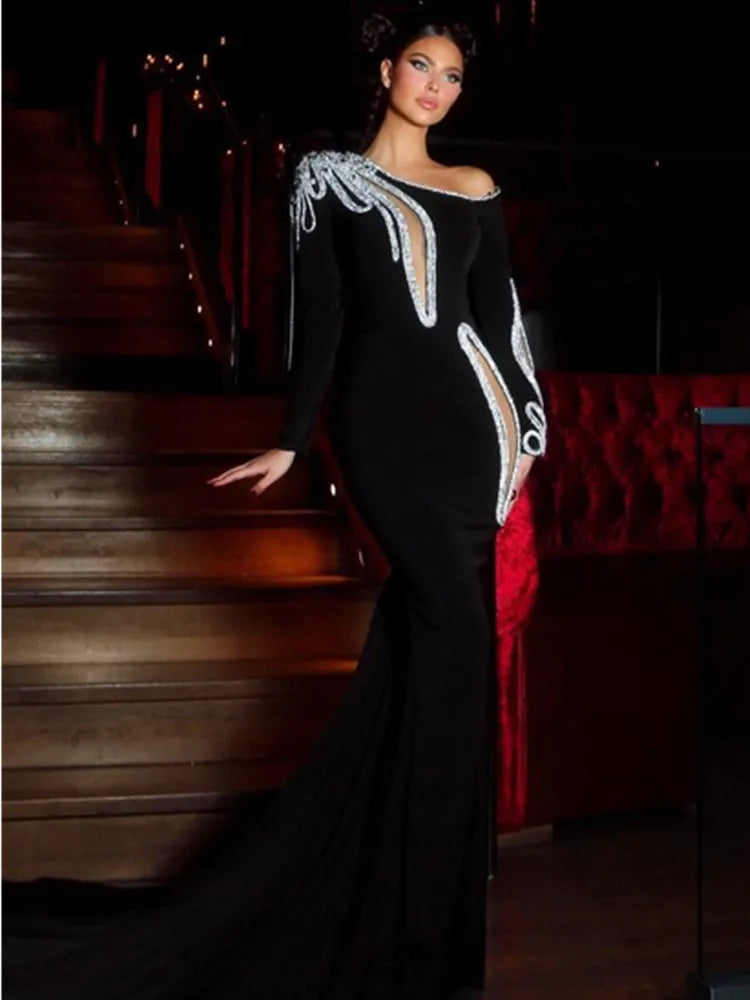 Stunning Black Velvet Diamond Maxi Dress for Evening Parties