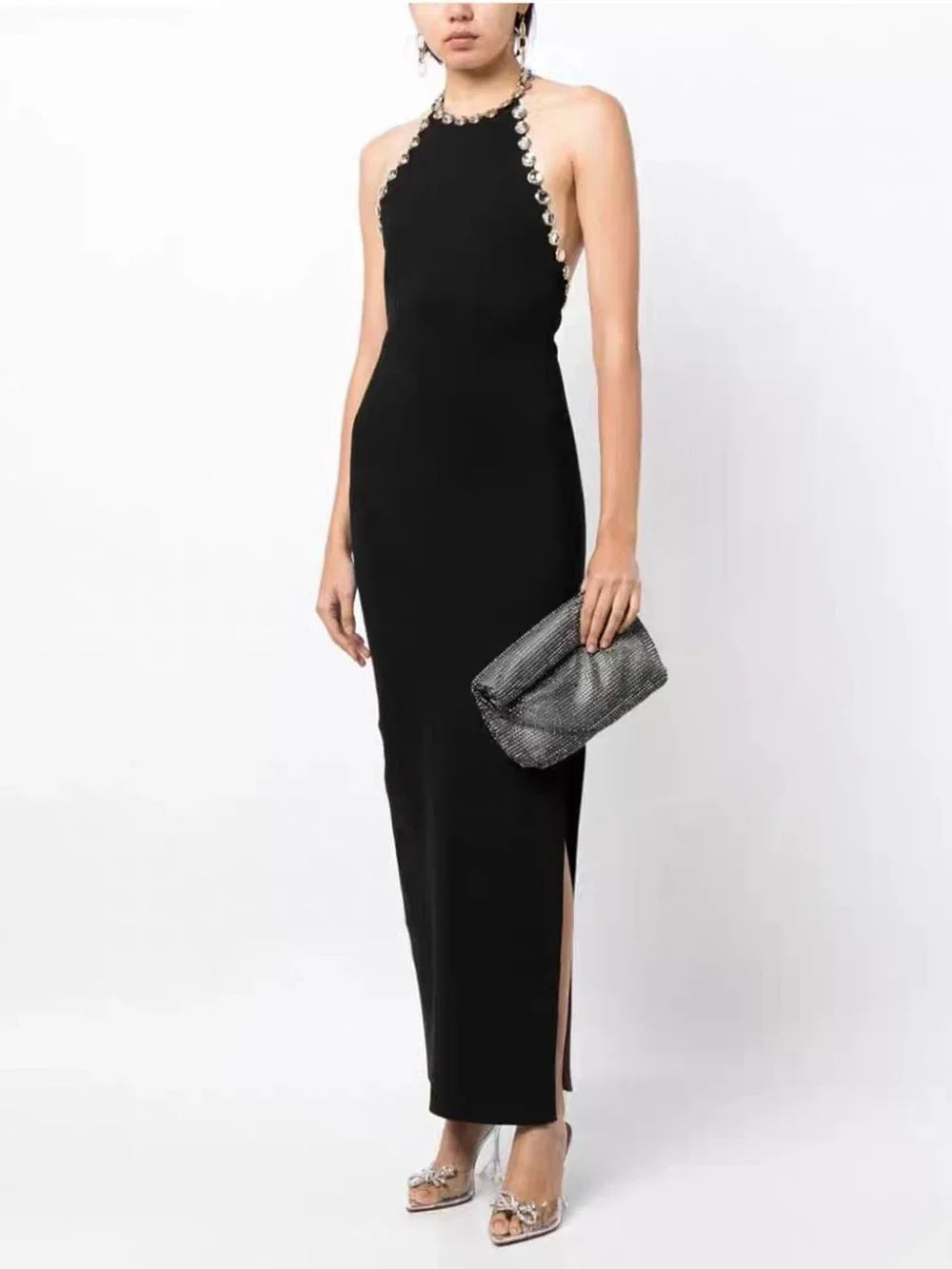 Elegant Black Backless Bodycon Dress with Beading for Women