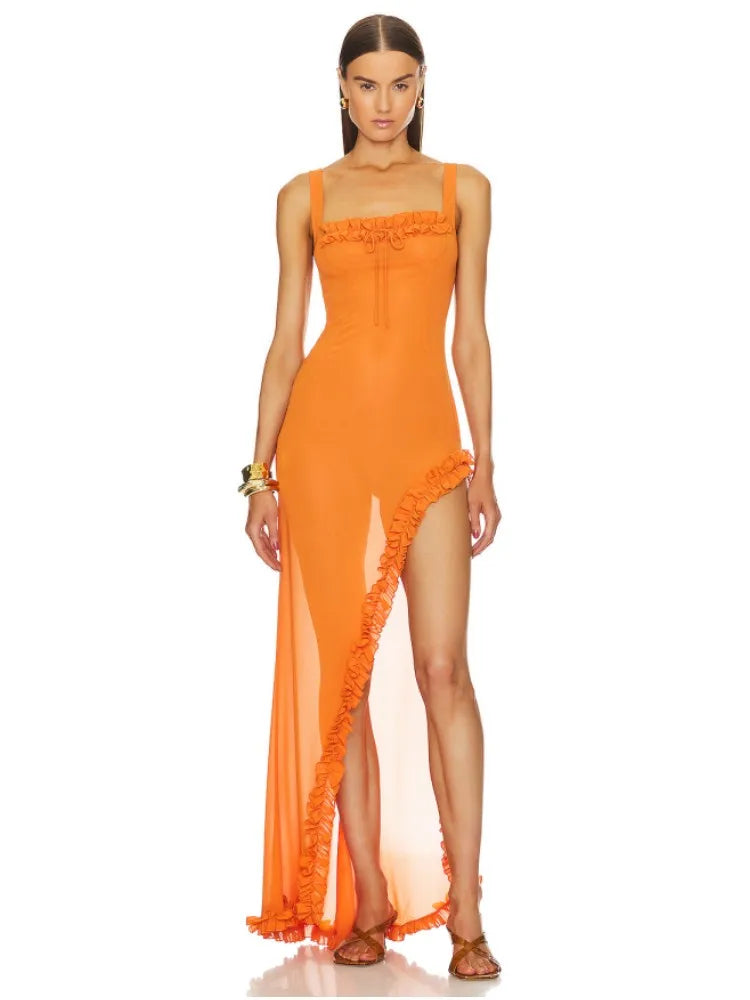 Orange Lace Mesh Sleeveless Evening Party Dress with Split