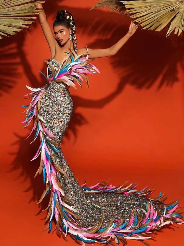 Feather Mesh Sequins Maxi Dress for Women  Elegant Evening