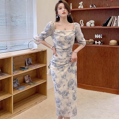 Floral Puff Sleeve Slim Midi Dress  Elegant Evening Attire