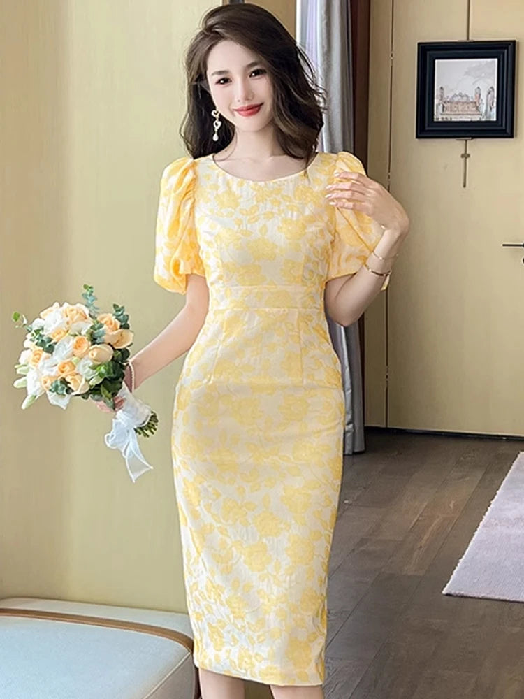 Yellow Floral Puff Sleeve Wrap Midi Dress for Chic Women