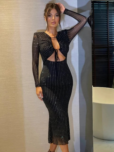 Sexy Rhinestone Cut Out Black Bodycon Dress for Women