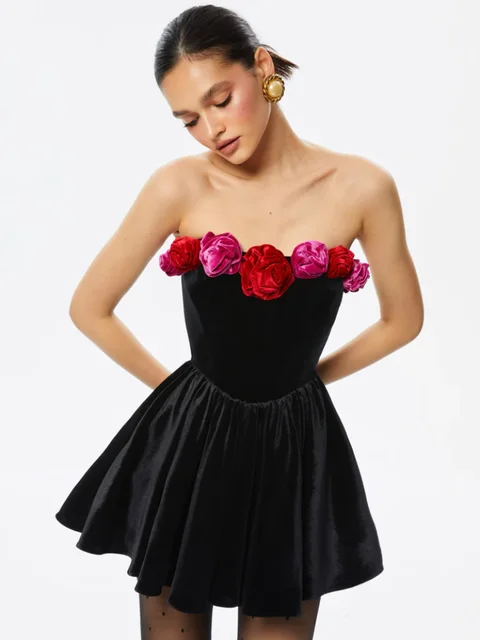 Elegant Strapless Rose Flower Velvet Mini Party Dress