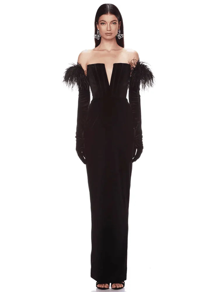 Sexy Off Shoulder Feather Black Maxi Dress for Women